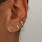 Pair Of 925 Sterling Silver Gold PVD Medium White CZ Cross Minimal Stud Earrings